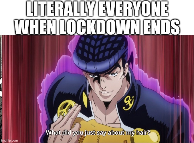 Josuke rules |  LITERALLY EVERYONE WHEN LOCKDOWN ENDS | image tagged in what did you just say about my hair,oi josuke,jojo's bizarre adventure | made w/ Imgflip meme maker