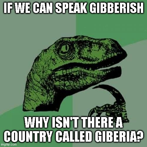 :O | IF WE CAN SPEAK GIBBERISH; WHY ISN'T THERE A COUNTRY CALLED GIBERIA? | image tagged in memes,philosoraptor | made w/ Imgflip meme maker
