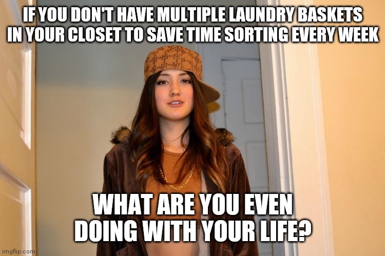 Actually a really good idea... | IF YOU DON'T HAVE MULTIPLE LAUNDRY BASKETS IN YOUR CLOSET TO SAVE TIME SORTING EVERY WEEK; WHAT ARE YOU EVEN DOING WITH YOUR LIFE? | image tagged in scumbag stephanie | made w/ Imgflip meme maker