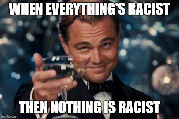 Leonardo Dicaprio Cheers | WHEN EVERYTHING'S RACIST; THEN NOTHING IS RACIST | image tagged in memes,leonardo dicaprio cheers | made w/ Imgflip meme maker