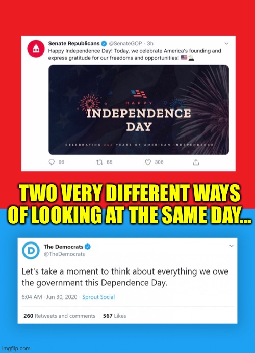 Irreconcilable differences... | TWO VERY DIFFERENT WAYS OF LOOKING AT THE SAME DAY... | image tagged in satire,ConservativeMemes | made w/ Imgflip meme maker