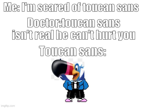 Blank White Template | Me: I'm scared of toucan sans; Doctor:toucan sans isn't real he can't hurt you; Toucan sans: | image tagged in blank white template | made w/ Imgflip meme maker
