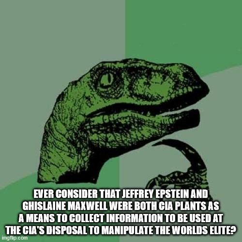 Philosoraptor | EVER CONSIDER THAT JEFFREY EPSTEIN AND GHISLAINE MAXWELL WERE BOTH CIA PLANTS AS A MEANS TO COLLECT INFORMATION TO BE USED AT THE CIA'S DISPOSAL TO MANIPULATE THE WORLDS ELITE? | image tagged in memes,philosoraptor | made w/ Imgflip meme maker
