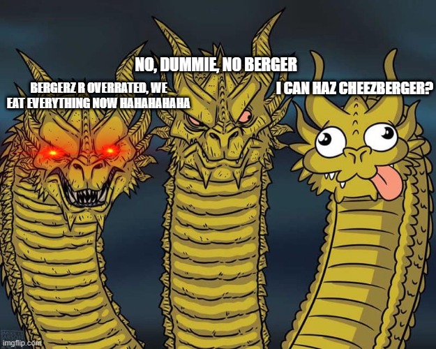 Three dragons | NO, DUMMIE, NO BERGER; BERGERZ R OVERRATED, WE EAT EVERYTHING NOW HAHAHAHAHA; I CAN HAZ CHEEZBERGER? | image tagged in three dragons | made w/ Imgflip meme maker