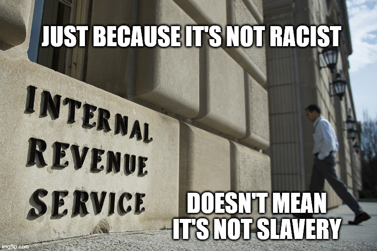 JUST BECAUSE IT'S NOT RACIST; DOESN'T MEAN IT'S NOT SLAVERY | image tagged in irs,taxation is theft,slavery | made w/ Imgflip meme maker
