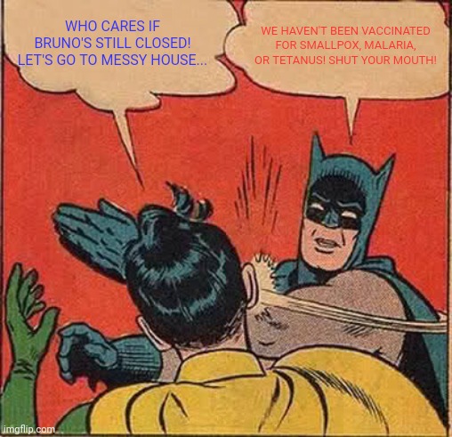 My response when somebody asks me to go to messy house bar on south street in glens falls, ny!!!!!! | WHO CARES IF BRUNO'S STILL CLOSED! LET'S GO TO MESSY HOUSE... WE HAVEN'T BEEN VACCINATED FOR SMALLPOX, MALARIA, OR TETANUS! SHUT YOUR MOUTH! | image tagged in memes,batman slapping robin,glens falls,south street,adirondacks | made w/ Imgflip meme maker