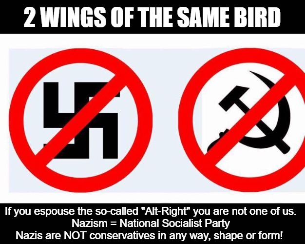 2 Wings of the Same Bird | 2 WINGS OF THE SAME BIRD; If you espouse the so-called "Alt-Right" you are not one of us.
Nazism = National Socialist Party
Nazis are NOT conservatives in any way, shape or form! | image tagged in nazis,communists,conservatives,neo-nazis,nazism,kkk | made w/ Imgflip meme maker