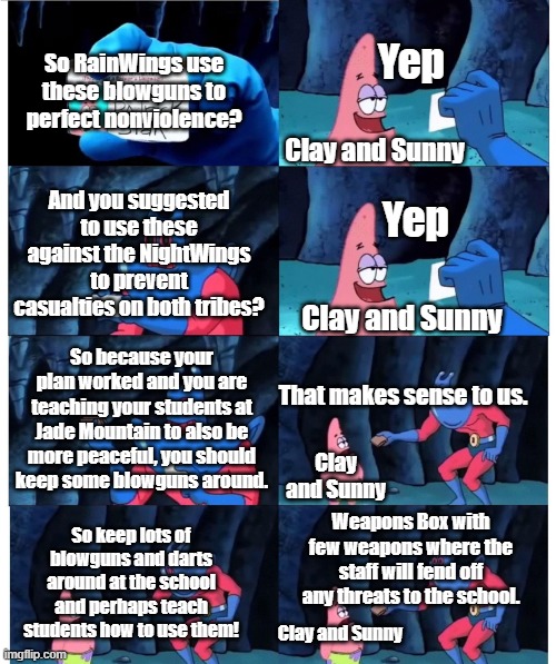 Why didn't any of the Dragonets do this? | Yep; So RainWings use these blowguns to perfect nonviolence? Clay and Sunny; And you suggested to use these against the NightWings to prevent casualties on both tribes? Yep; Clay and Sunny; So because your plan worked and you are teaching your students at Jade Mountain to also be more peaceful, you should keep some blowguns around. That makes sense to us. Clay and Sunny; So keep lots of blowguns and darts around at the school and perhaps teach students how to use them! Weapons Box with few weapons where the staff will fend off any threats to the school. Clay and Sunny | image tagged in patrick not my wallet,wings of fire | made w/ Imgflip meme maker