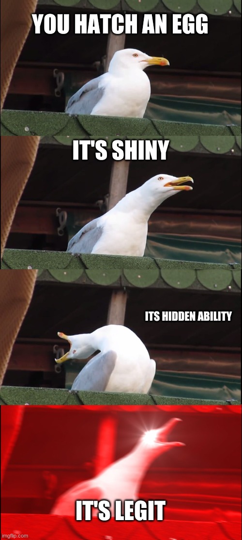 Seagull | YOU HATCH AN EGG; IT'S SHINY; ITS HIDDEN ABILITY; IT'S LEGIT | image tagged in memes,inhaling seagull | made w/ Imgflip meme maker