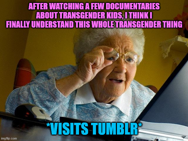 Grandma Finds The Internet | AFTER WATCHING A FEW DOCUMENTARIES ABOUT TRANSGENDER KIDS, I THINK I FINALLY UNDERSTAND THIS WHOLE TRANSGENDER THING; *VISITS TUMBLR* | image tagged in memes,grandma finds the internet,transgender,tumblr,documentary,grandma | made w/ Imgflip meme maker