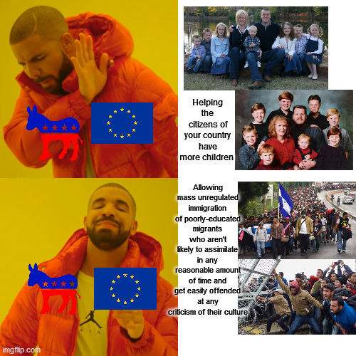 Supplementing population growth | Helping the citizens of your country have more children; Allowing mass unregulated immigration of poorly-educated migrants who aren't likely to assimilate in any reasonable amount of time and get easily offended at any criticism of their culture | image tagged in memes,drake hotline bling,children,immigrants,leftists,european union | made w/ Imgflip meme maker