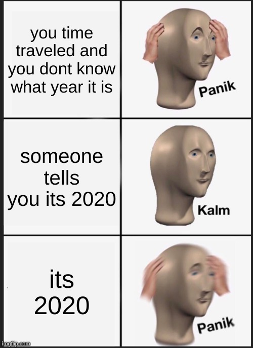 tell me if this is a repost, im not trying to copy | you time traveled and you dont know what year it is; someone tells you its 2020; its 2020 | image tagged in memes,panik kalm panik,2020 | made w/ Imgflip meme maker