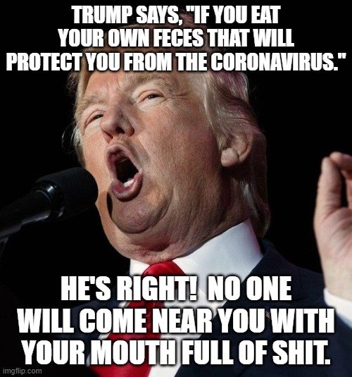 What is that stench? Trump's potty mouth | TRUMP SAYS, "IF YOU EAT YOUR OWN FECES THAT WILL PROTECT YOU FROM THE CORONAVIRUS."; HE'S RIGHT!  NO ONE WILL COME NEAR YOU WITH YOUR MOUTH FULL OF SHIT. | image tagged in trump is full of shit,donald trump is an idiot,trump is a moron,trump is an asshole,trump is impeached | made w/ Imgflip meme maker