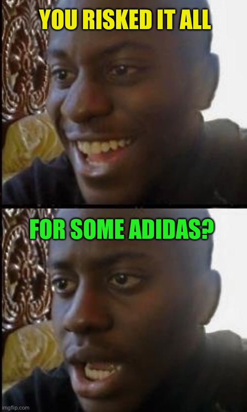 Disappointed black guy | YOU RISKED IT ALL FOR SOME ADIDAS? | image tagged in disappointed black guy | made w/ Imgflip meme maker