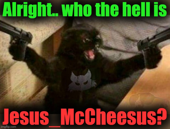 Cat With Guns | Alright.. who the hell is Jesus_McCheesus? | image tagged in cat with guns | made w/ Imgflip meme maker