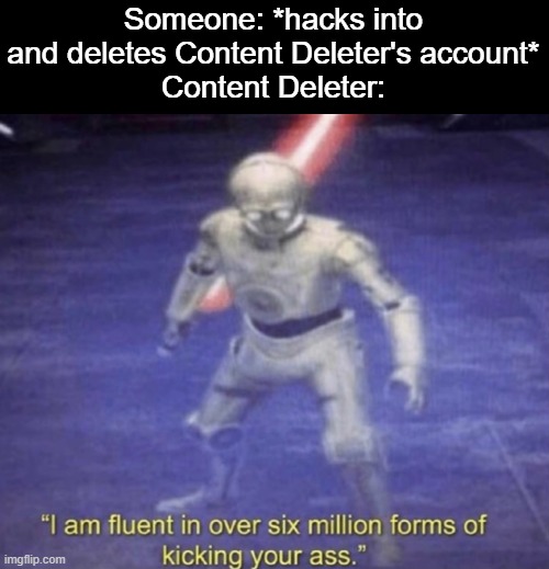 I am fluent in over six million forms of kicking your ass | Someone: *hacks into and deletes Content Deleter's account*
Content Deleter: | image tagged in i am fluent in over six million forms of kicking your ass | made w/ Imgflip meme maker