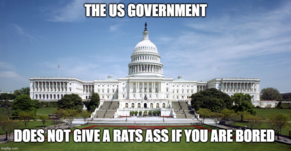 U.S. Government | THE US GOVERNMENT; DOES NOT GIVE A RATS ASS IF YOU ARE BORED | image tagged in us government | made w/ Imgflip meme maker