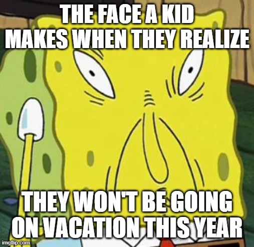 spongebob sauce | THE FACE A KID MAKES WHEN THEY REALIZE; THEY WON'T BE GOING ON VACATION THIS YEAR | image tagged in spongebob sauce | made w/ Imgflip meme maker