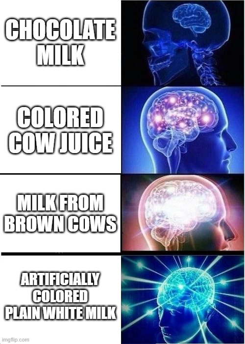 Expanding Brain Meme | CHOCOLATE MILK; COLORED COW JUICE; MILK FROM BROWN COWS; ARTIFICIALLY COLORED PLAIN WHITE MILK | image tagged in memes,expanding brain,chocolate milk,drinks | made w/ Imgflip meme maker