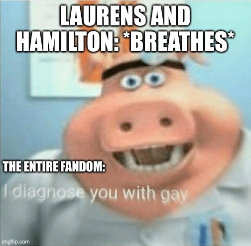 I diagnose you with gay | LAURENS AND HAMILTON: *BREATHES*; THE ENTIRE FANDOM: | image tagged in i diagnose you with gay | made w/ Imgflip meme maker