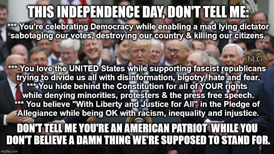 You want to celebrate America? BE and American! | THIS INDEPENDENCE DAY, DON'T TELL ME:; *** You're celebrating Democracy while enabling a mad lying dictator
 sabotaging our votes, destroying our country & killing our citizens. NLG; *** You love the UNITED States while supporting fascist republicans
 trying to divide us all with disinformation, bigotry, hate and fear.
*** You hide behind the Constitution for all of YOUR rights
 while denying minorities, protesters & the press free speech.
*** You believe "With Liberty and Justice for All" in the Pledge of
 Allegiance while being OK with racism, inequality and injustice. DON'T TELL ME YOU'RE AN AMERICAN PATRIOT  WHILE YOU
 DON'T BELIEVE A DAMN THING WE'RE SUPPOSED TO STAND FOR. | image tagged in politics,political meme,political | made w/ Imgflip meme maker