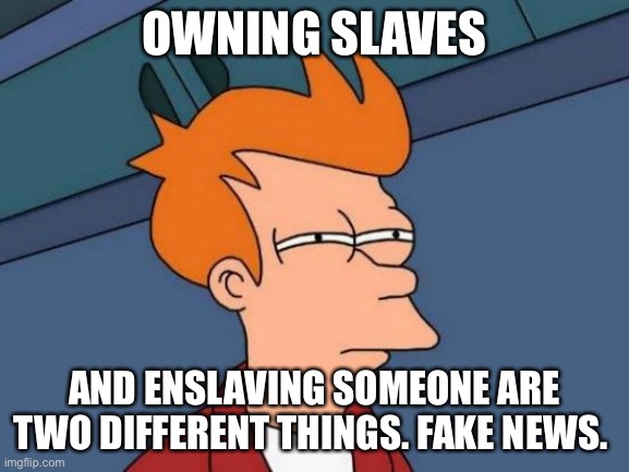 Futurama Fry Meme | OWNING SLAVES AND ENSLAVING SOMEONE ARE TWO DIFFERENT THINGS. FAKE NEWS. | image tagged in memes,futurama fry | made w/ Imgflip meme maker