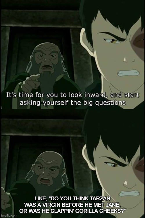 Iroh Big Questions | LIKE, "DO YOU THINK TARZAN WAS A VIRGIN BEFORE HE MET JANE, OR WAS HE CLAPPIN' GORILLA CHEEKS?" | image tagged in iroh big questions,memes | made w/ Imgflip meme maker