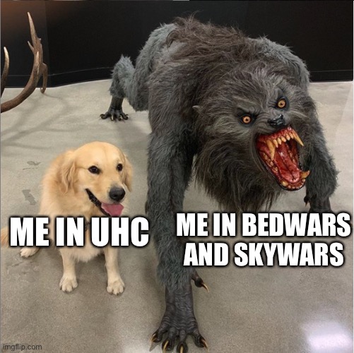 dog vs werewolf | ME IN BEDWARS AND SKYWARS; ME IN UHC | image tagged in dog vs werewolf | made w/ Imgflip meme maker