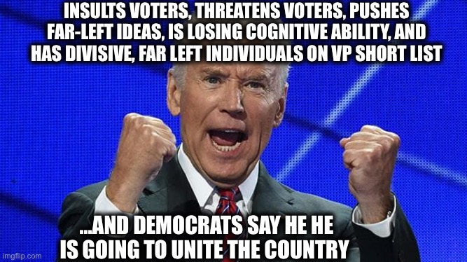 And I acknowledge President Trump is not a uniter either, but liberals are the ones who insist their candidate is one | INSULTS VOTERS, THREATENS VOTERS, PUSHES FAR-LEFT IDEAS, IS LOSING COGNITIVE ABILITY, AND HAS DIVISIVE, FAR LEFT INDIVIDUALS ON VP SHORT LIST; ...AND DEMOCRATS SAY HE HE IS GOING TO UNITE THE COUNTRY | image tagged in joe biden,democrats,election 2020,liberal logic,kamala harris | made w/ Imgflip meme maker
