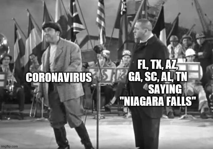 Coronavirus:"Slowly I turned..." | FL, TX, AZ, GA, SC, AL, TN        SAYING "NIAGARA FALLS"; CORONAVIRUS | image tagged in three stooges,coronavirus,slowly i turned,niagara falls | made w/ Imgflip meme maker