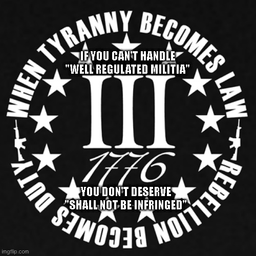 IF YOU CAN'T HANDLE
"WELL REGULATED MILITIA"; YOU DON'T DESERVE
"SHALL NOT BE INFRINGED" | image tagged in 2a | made w/ Imgflip meme maker