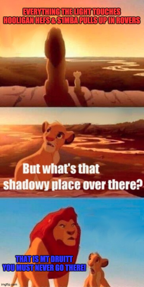 Pull up in Rover meme | EVERYTHING THE LIGHT TOUCHES HOOLIGAN HEFS & S1MBA PULLS UP IN ROVERS; THAT IS MT DRUITT YOU MUST NEVER GO THERE! | image tagged in memes,simba shadowy place | made w/ Imgflip meme maker