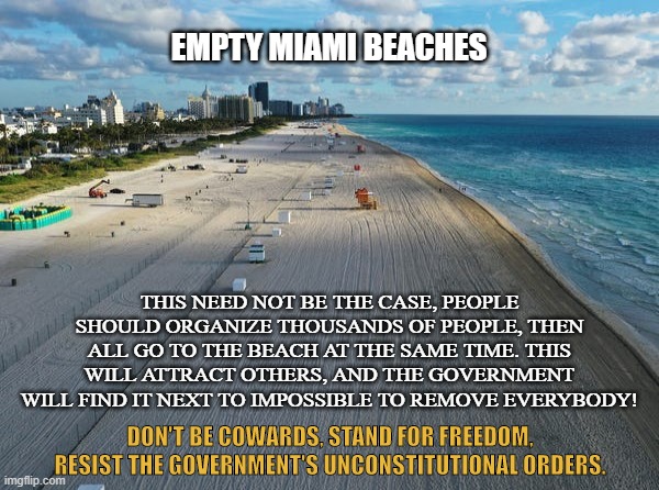 AMERICANS MUST RESIST | EMPTY MIAMI BEACHES; THIS NEED NOT BE THE CASE, PEOPLE SHOULD ORGANIZE THOUSANDS OF PEOPLE, THEN ALL GO TO THE BEACH AT THE SAME TIME. THIS WILL ATTRACT OTHERS, AND THE GOVERNMENT WILL FIND IT NEXT TO IMPOSSIBLE TO REMOVE EVERYBODY! DON'T BE COWARDS, STAND FOR FREEDOM, RESIST THE GOVERNMENT'S UNCONSTITUTIONAL ORDERS. | image tagged in covid-19,coronavirus,lockdown,masks,miami,beach | made w/ Imgflip meme maker