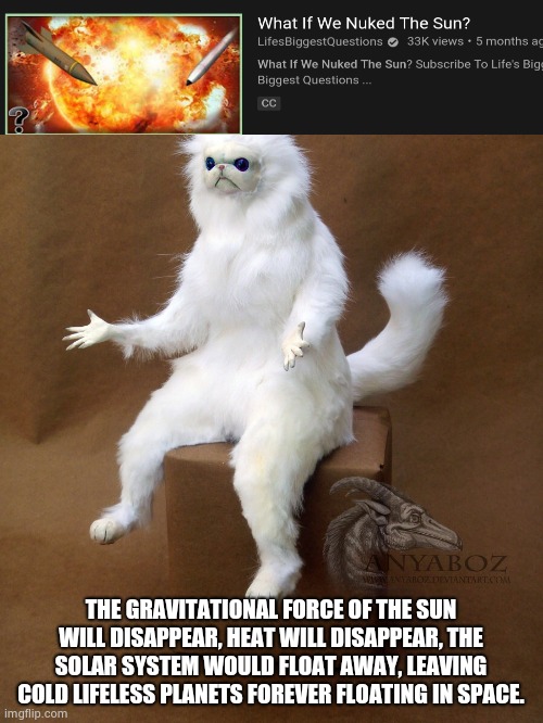 Persian Cat Room Guardian Single Meme | THE GRAVITATIONAL FORCE OF THE SUN WILL DISAPPEAR, HEAT WILL DISAPPEAR, THE SOLAR SYSTEM WOULD FLOAT AWAY, LEAVING COLD LIFELESS PLANETS FOREVER FLOATING IN SPACE. | image tagged in memes,persian cat room guardian single | made w/ Imgflip meme maker