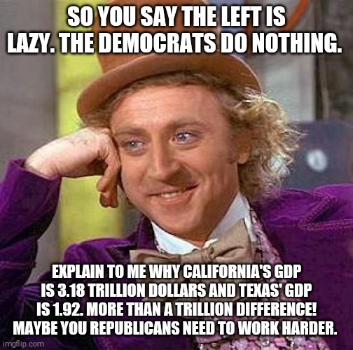 Triggered in 5,4,3,2... | SO YOU SAY THE LEFT IS LAZY. THE DEMOCRATS DO NOTHING. EXPLAIN TO ME WHY CALIFORNIA'S GDP IS 3.18 TRILLION DOLLARS AND TEXAS' GDP IS 1.92. MORE THAN A TRILLION DIFFERENCE!
MAYBE YOU REPUBLICANS NEED TO WORK HARDER. | image tagged in memes,california,texas,democrats,republicans | made w/ Imgflip meme maker