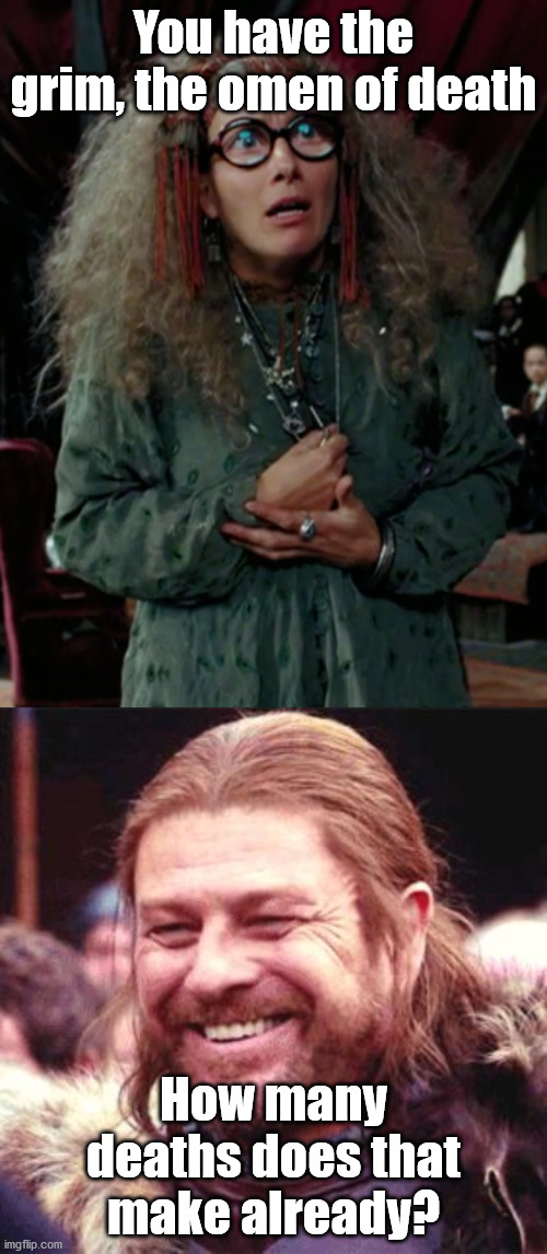 You have the grim, the omen of death; How many deaths does that make already? | image tagged in sean bean,professor trelawney | made w/ Imgflip meme maker