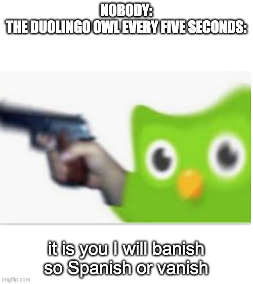 Watch out! | NOBODY:
THE DUOLINGO OWL EVERY FIVE SECONDS:; it is you I will banish
so Spanish or vanish | image tagged in blank white template | made w/ Imgflip meme maker