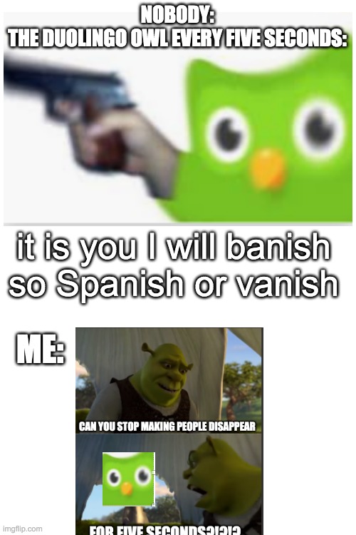 He is non-stop | NOBODY:
THE DUOLINGO OWL EVERY FIVE SECONDS:; it is you I will banish
so Spanish or vanish; ME: | image tagged in blank white template | made w/ Imgflip meme maker