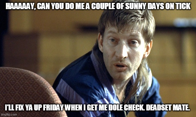 HAAAAAY, CAN YOU DO ME A COUPLE OF SUNNY DAYS ON TICK; I'LL FIX YA UP FRIDAY WHEN I GET ME DOLE CHECK. DEADSET MATE. | image tagged in on tic | made w/ Imgflip meme maker