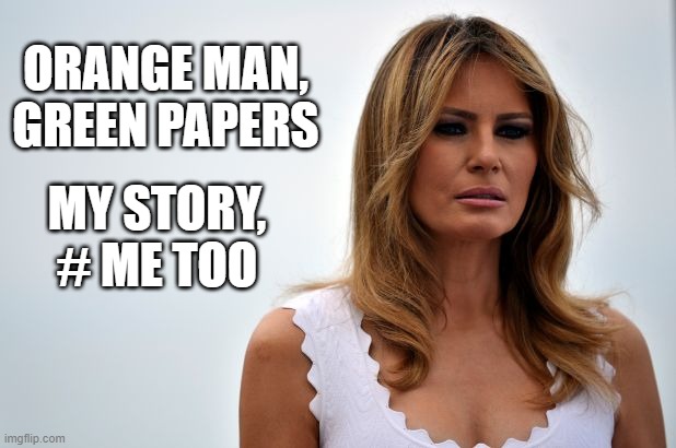 Melania | ORANGE MAN, GREEN PAPERS; MY STORY, # ME TOO | image tagged in funny,politics | made w/ Imgflip meme maker