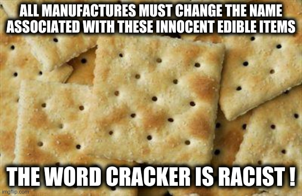 The word CRACKER is RACIST | ALL MANUFACTURES MUST CHANGE THE NAME ASSOCIATED WITH THESE INNOCENT EDIBLE ITEMS; THE WORD CRACKER IS RACIST ! | image tagged in crackers,racist,double standards | made w/ Imgflip meme maker