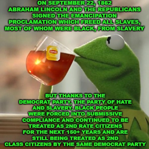 The same Democrat party that hates America, Americans, anything that celebrates this country, and its history both good and bad. | ON SEPTEMBER 22, 1862 ABRAHAM LINCOLN AND THE REPUBLICANS SIGNED THE EMANCIPATION PROCLAMATION WHICH FREED ALL SLAVES, MOST OF WHOM WERE BLACK, FROM SLAVERY; BUT THANKS TO THE DEMOCRAT PARTY, THE PARTY OF HATE AND SLAVERY, BLACK PEOPLE WERE FORCED INTO SUBMISSIVE COMPLIANCE AND CONTINUED TO BE TREATED AS 2ND RATE CITIZENS FOR THE NEXT 150+ YEARS AND ARE STILL BEING TREATED AS 2ND CLASS CITIZENS BY THE SAME DEMOCRAT PARTY | image tagged in memes,but that's none of my business,kermit the frog | made w/ Imgflip meme maker