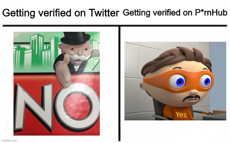 Ahh yes | Getting verified on Twitter; Getting verified on P*rnHub | image tagged in memes,funny,twitter,no,yes | made w/ Imgflip meme maker