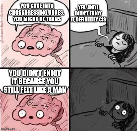 waking up brain | YEA, AND I DIDN'T ENJOY IT, DEFINITLEY CIS; YOU GAVE INTO CROSSDRESSING URGES, 
YOU MIGHT BE TRANS; YOU DIDN'T ENJOY IT BECAUSE YOU STILL FELT LIKE A MAN | image tagged in waking up brain,egg_irl | made w/ Imgflip meme maker