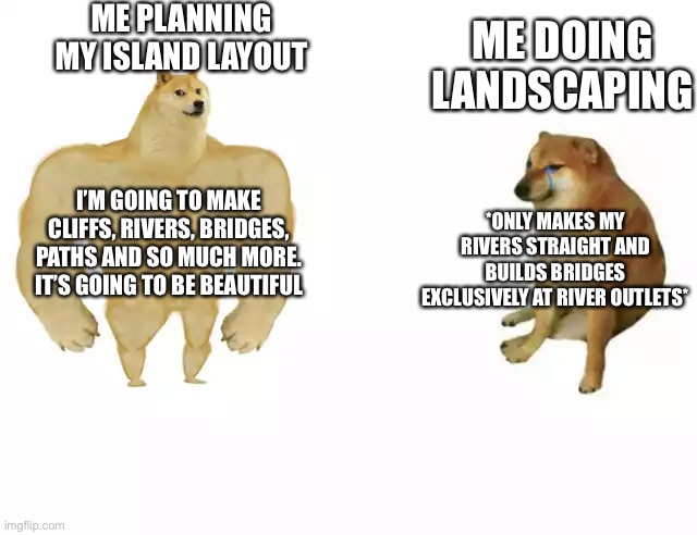 Animal crossing landscaping be like | ME PLANNING MY ISLAND LAYOUT; ME DOING LANDSCAPING; *ONLY MAKES MY RIVERS STRAIGHT AND BUILDS BRIDGES EXCLUSIVELY AT RIVER OUTLETS*; I’M GOING TO MAKE CLIFFS, RIVERS, BRIDGES, PATHS AND SO MUCH MORE. IT’S GOING TO BE BEAUTIFUL | image tagged in buff doge vs cheems,animal crossing | made w/ Imgflip meme maker