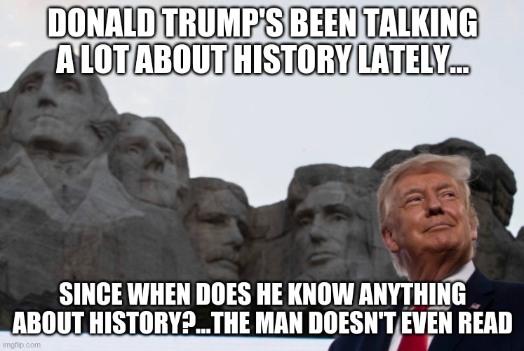 Historian Donald Trump | DONALD TRUMP'S BEEN TALKING A LOT ABOUT HISTORY LATELY... SINCE WHEN DOES HE KNOW ANYTHING ABOUT HISTORY?...THE MAN DOESN'T EVEN READ | image tagged in donald trump,mount rushmore,campaign 2020,mount rushmore speech,history | made w/ Imgflip meme maker