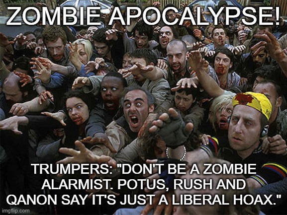 Zombie Conspiracy | ZOMBIE APOCALYPSE! TRUMPERS: "DON'T BE A ZOMBIE ALARMIST. POTUS, RUSH AND QANON SAY IT'S JUST A LIBERAL HOAX." | image tagged in zombies approaching | made w/ Imgflip meme maker