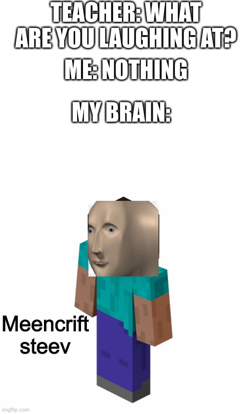 Steve | TEACHER: WHAT ARE YOU LAUGHING AT? ME: NOTHING; MY BRAIN:; Meencrift steev | image tagged in meme man,minecraft | made w/ Imgflip meme maker
