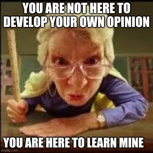 Reespek edsukation | YOU ARE NOT HERE TO DEVELOP YOUR OWN OPINION; YOU ARE HERE TO LEARN MINE | image tagged in angry teacher,reespek edsukation,public education,respect my authority,sadly true,protect group think | made w/ Imgflip meme maker