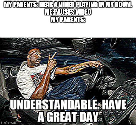 UNDERSTANDABLE, HAVE A GREAT DAY | MY PARENTS: HEAR A VIDEO PLAYING IN MY ROOM.
ME:PAUSES VIDEO
MY PARENTS: | image tagged in understandable have a great day | made w/ Imgflip meme maker